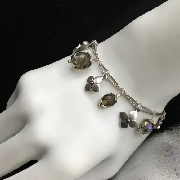 PILGRIM FLORAL AND FRUIT SMOKE AB CHARM BRACELET SILVERTONE - Picture 1 of 2